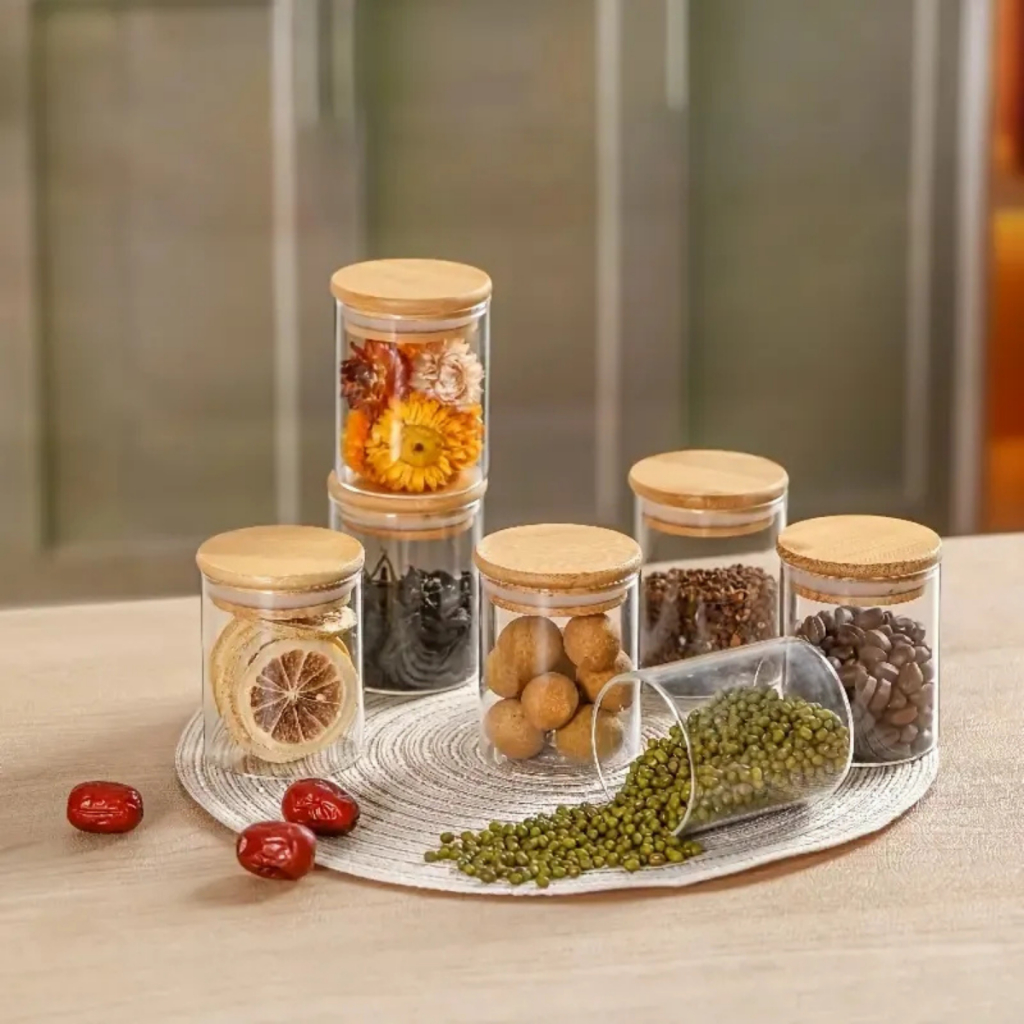 Kit Pote de Vidro 200ml Hermético Com Tampa de Bambu Saleiro Moderno ...