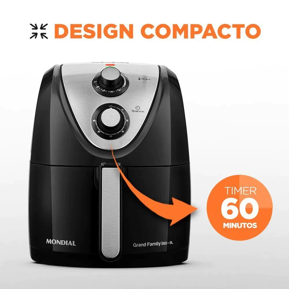Fritadeira Sem Óleo Air Fryer Mondial Grand Family Inox 5L 1500W – Preto Inox