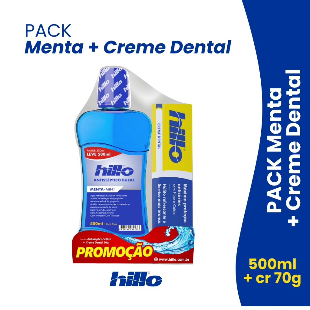Kit Enxaguante Bucal Menta 500ml + Creme Dental 70g Hillo | Shopee Brasil