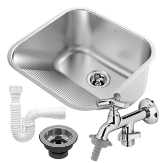Kit Tanque Embutir/Sobrepor 40x40 Docol Cuba Aço Inox 304 Cromado + Torneira Primor 1134 + Válvula
