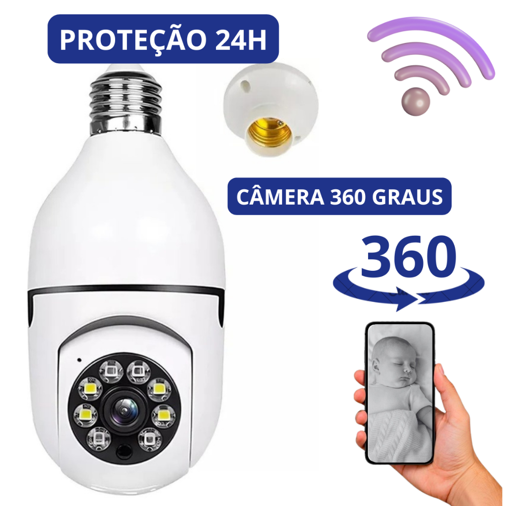 Câmera De Segurança Lâmpada Bivolt IP Wi-Fi 360° Visão Noturna Wifi ...