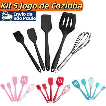 Kit de 5 utensílios de cozinha em silicone na cor preta, incluindo espátula vazada, espátula sólida, espátula menor, pincel e batedor de arame, com opções de cores rosa, vermelho e azul ao fundo.