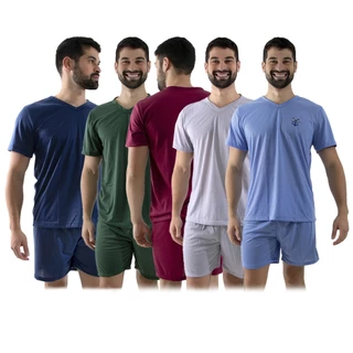 Kit 5 Pijama Masculino Curto Blusa + Short Básico Liso Detalhe Bordado em Oferta na Shopee