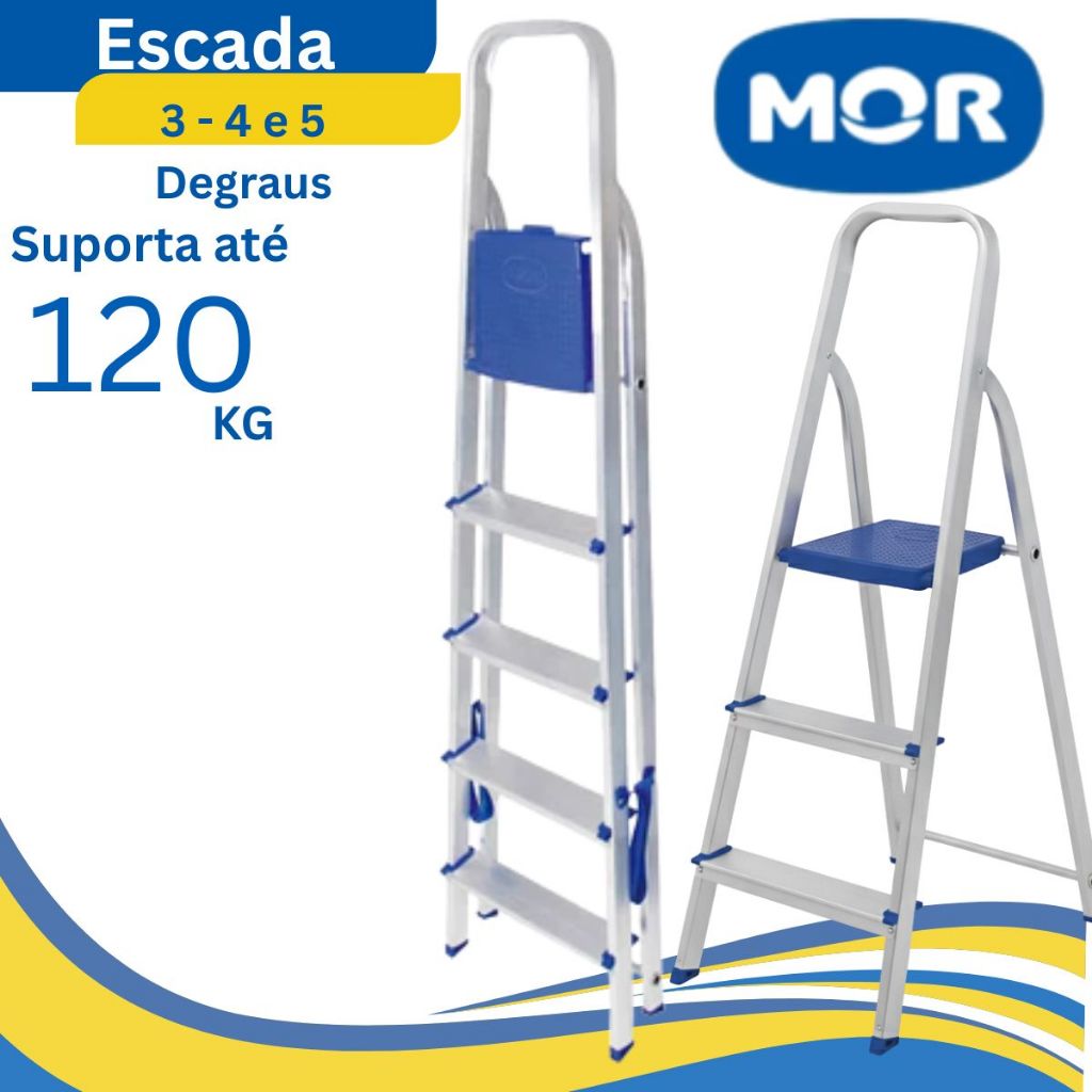 Escada De Alumínio Mor 3 - 4 e 5 Degraus Dobrável Doméstica Suporta ...