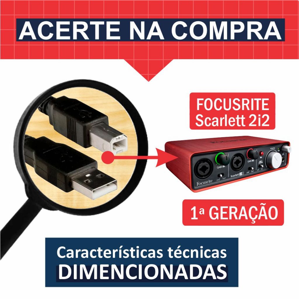 Focusrite Scarlett 2i2 1st gen USBケーブル付き Cabo USB 2.0 Para Focusrite Scarlett 2i2 1st Gen Interface