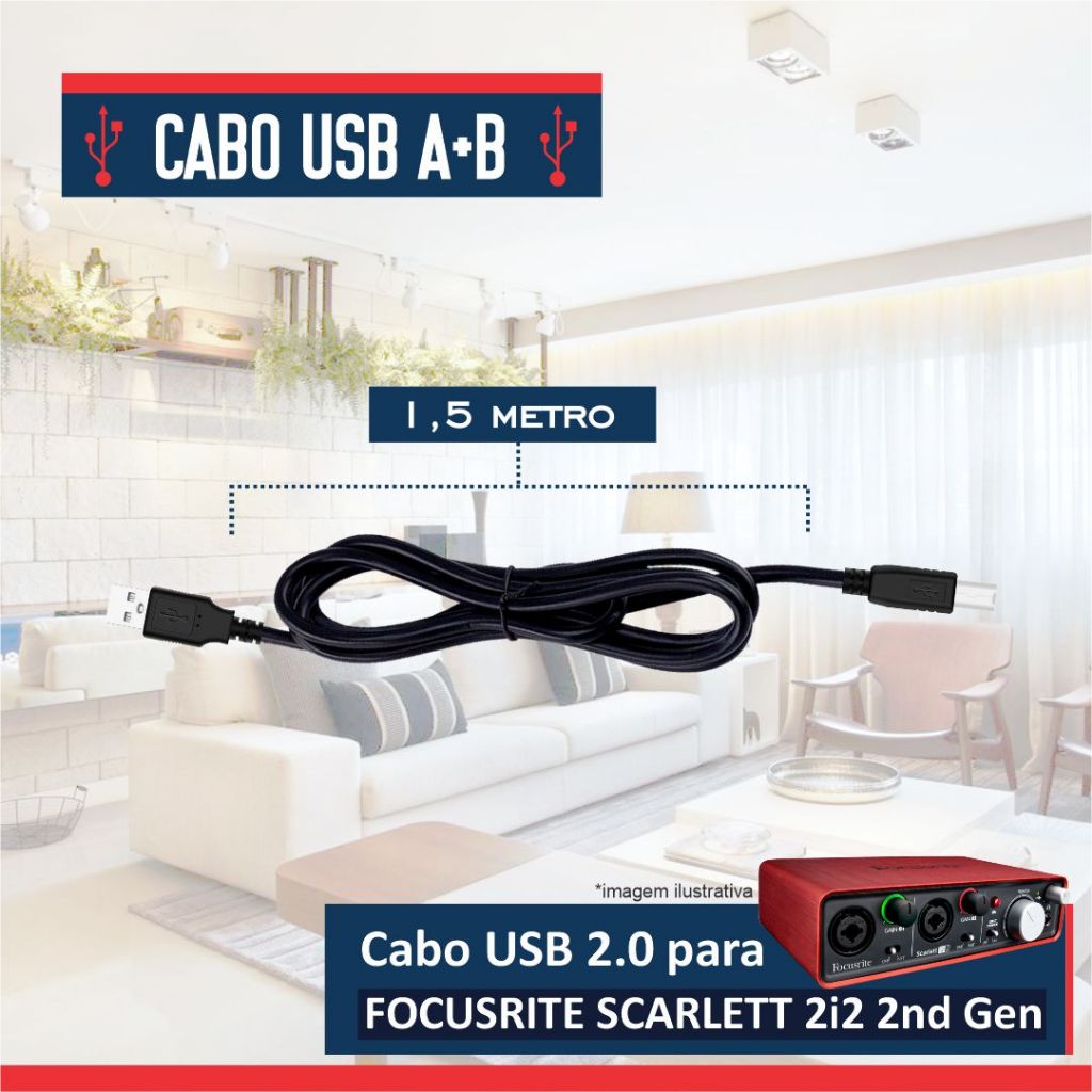 Cabo USB 2.0 Para Focusrite Scarlett 2i2 1st Gen Interface