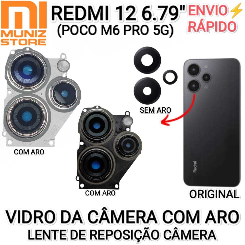 Lente Redmi 12 4G/5G 6.79''/Poco M6 Pro 5G Vidro da Câmera de Reposição Com Aro Lente e Sem Aro