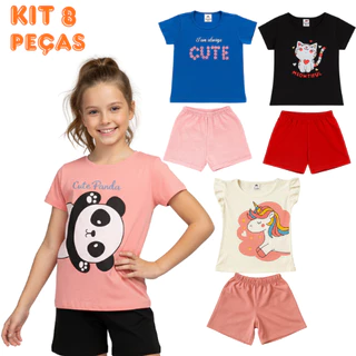Kit 8 Peças Conjuntos Infantis Femininos - Camisetas e Shorts (1 a 12 anos)