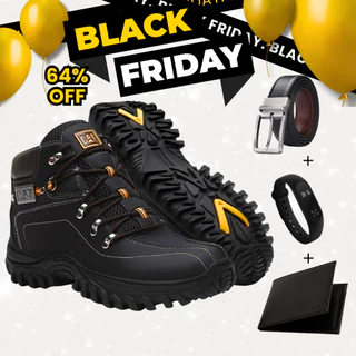 Bota Botina Coturno Caterpillar Masculina Em Couro + Cinto + Carteira + Relógio.