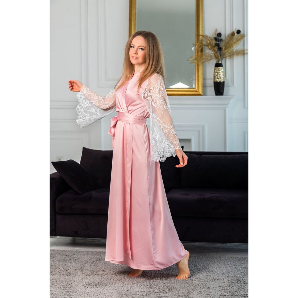 Robe Longo de Cetim Rosa Blush com Renda | Shopee Brasil