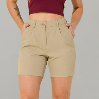 Shorts Feminino de Alfaiataria Meia Coxa com Bolsos Cintura Alta Botão Tendência Social Premium