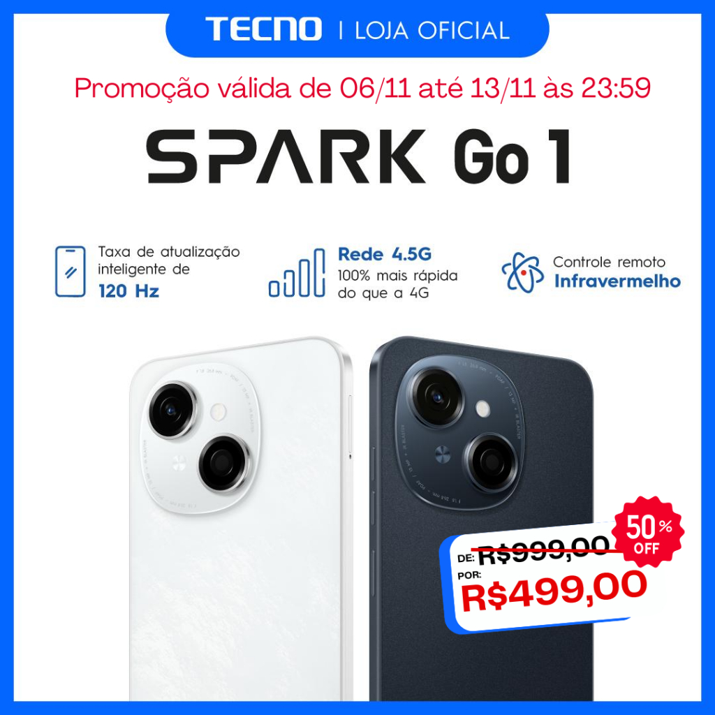 Tecno Spark Go 1 4G, 64GB e 3GB RAM, Processador Unisoc T615, Bateria 5000MAH, VERSÃO GLOBAL, NOVO/LACRADO