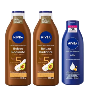 Kit Nivea 2 Hidratantes Beleza Radiante 400ml + 1 Milk Ácido Hialurônico 200ml Hidratação Intensa
