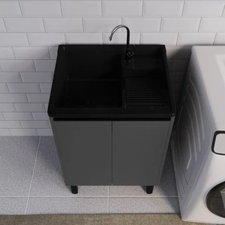 Tanque de Lavar Roupa com Esfregadeira Lateral 30L c/ Armário MDF Tanque Plástico Válvula e Sifão