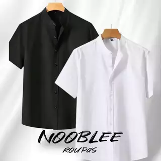 NB Kit2 peças camisa masculina gola pastor social casual viscolinho manga curta moda lux