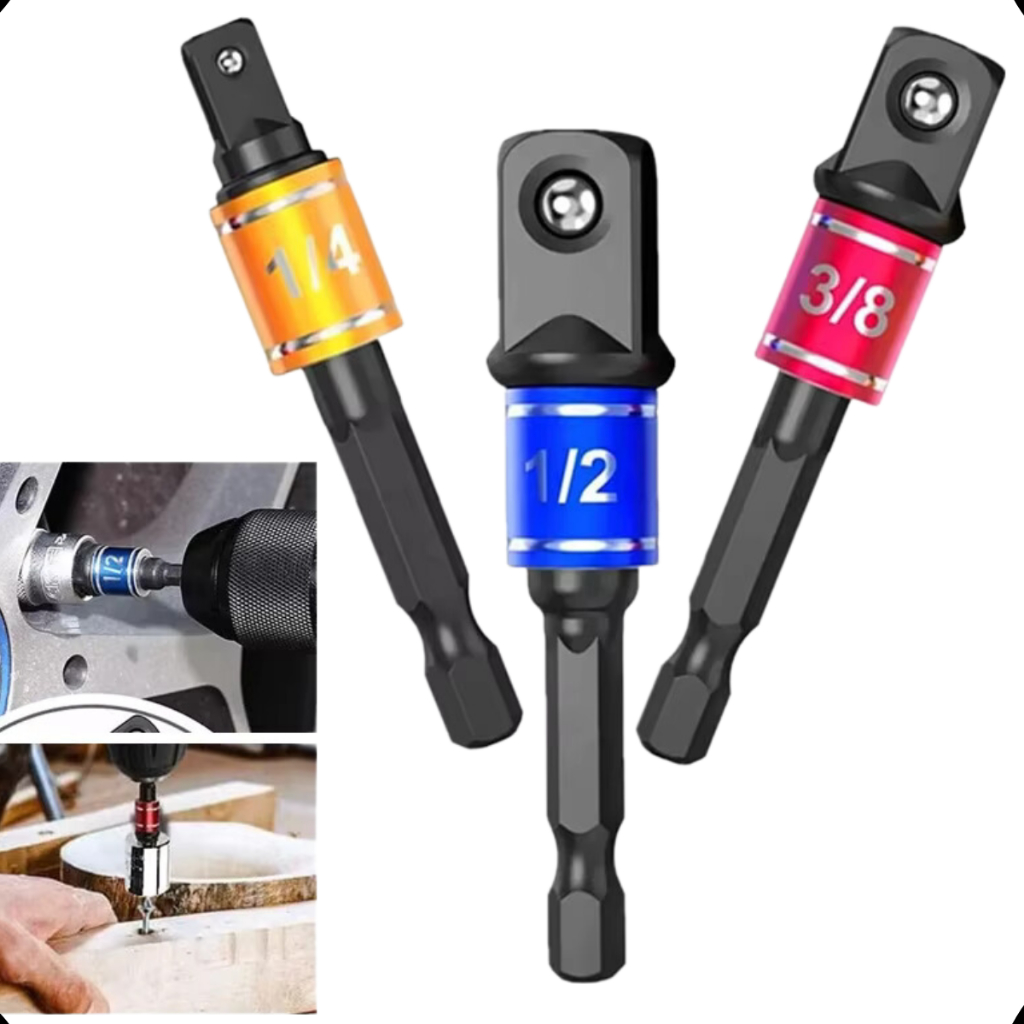 3 Peças De Adaptador Soquete Aperto c/ Parafusadeira 3 Encaixes 1/4 , 3/8 , 1/2