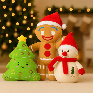 Kit Pelúcias de Natal - Boneco de Neve 22 cm, Árvore 30 cm, Biscoito 33 cm