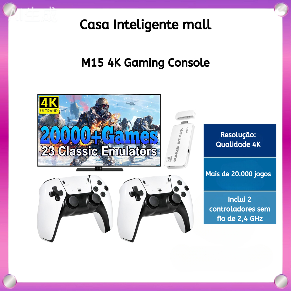 2025 NOVO Vídeo Game Stick M15 Pro 4k 64gb Hdmi Com 2 Controles Se Fio +20mil Jogos