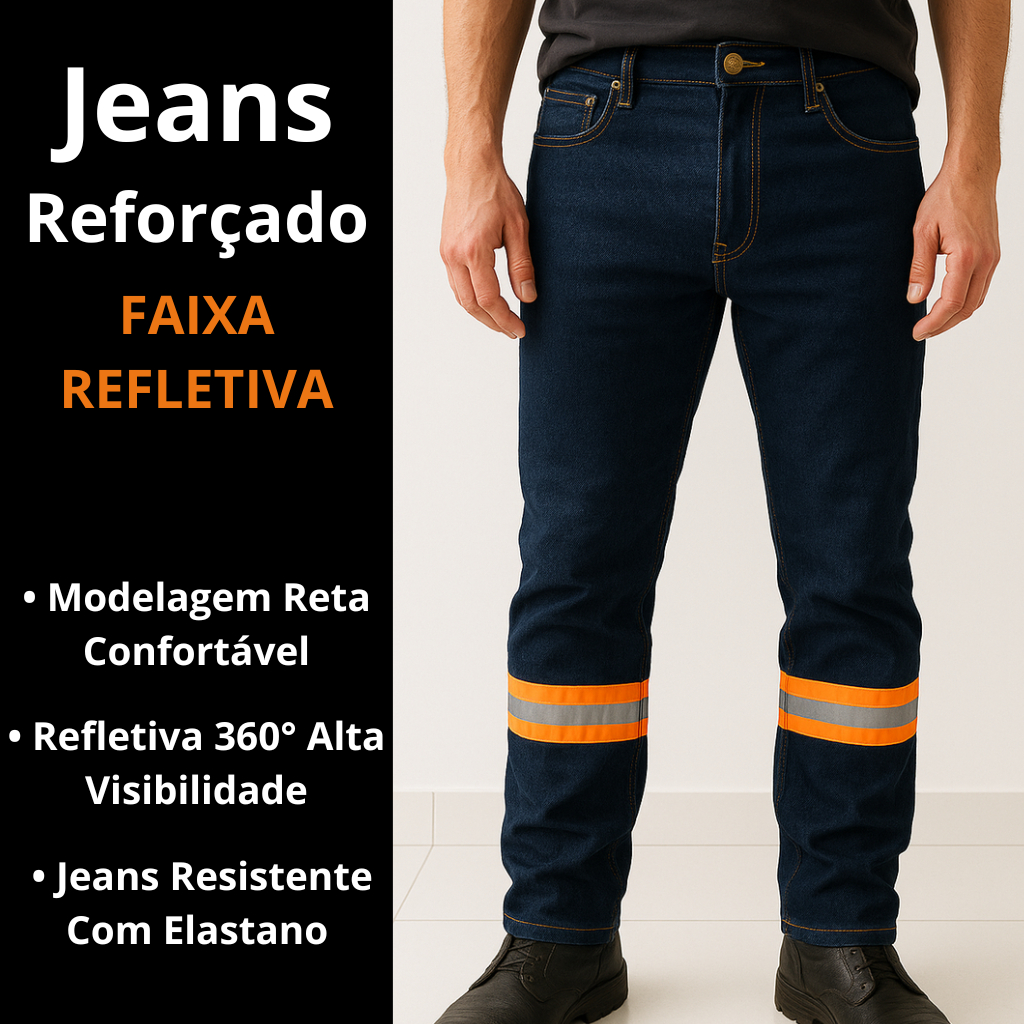Calça Uniforme Jeans com Faixa Refletiva - Resistente EPI para Trabalho ...