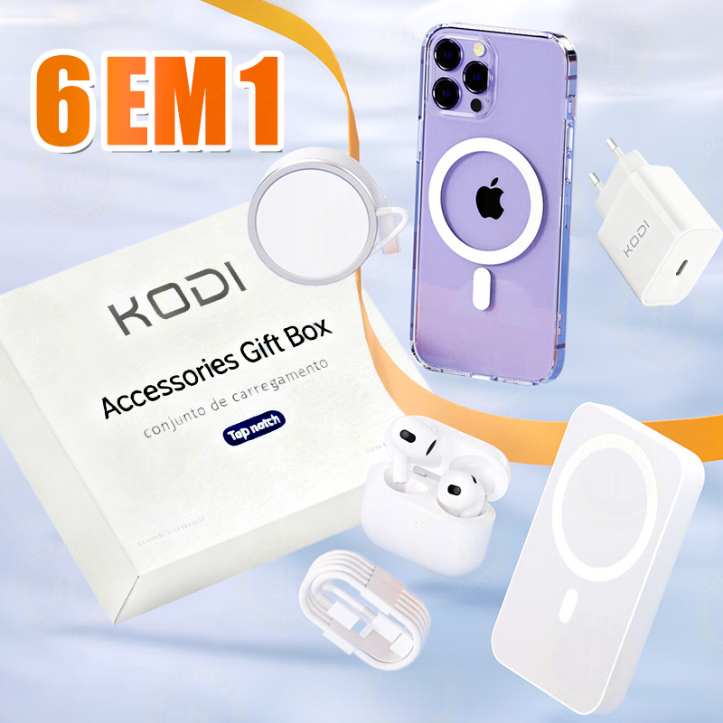 6 Em 1 kit iPhone Carregador AirPods Carregador portátil indução iPhone 13 14 15 Turbo 20W Completo