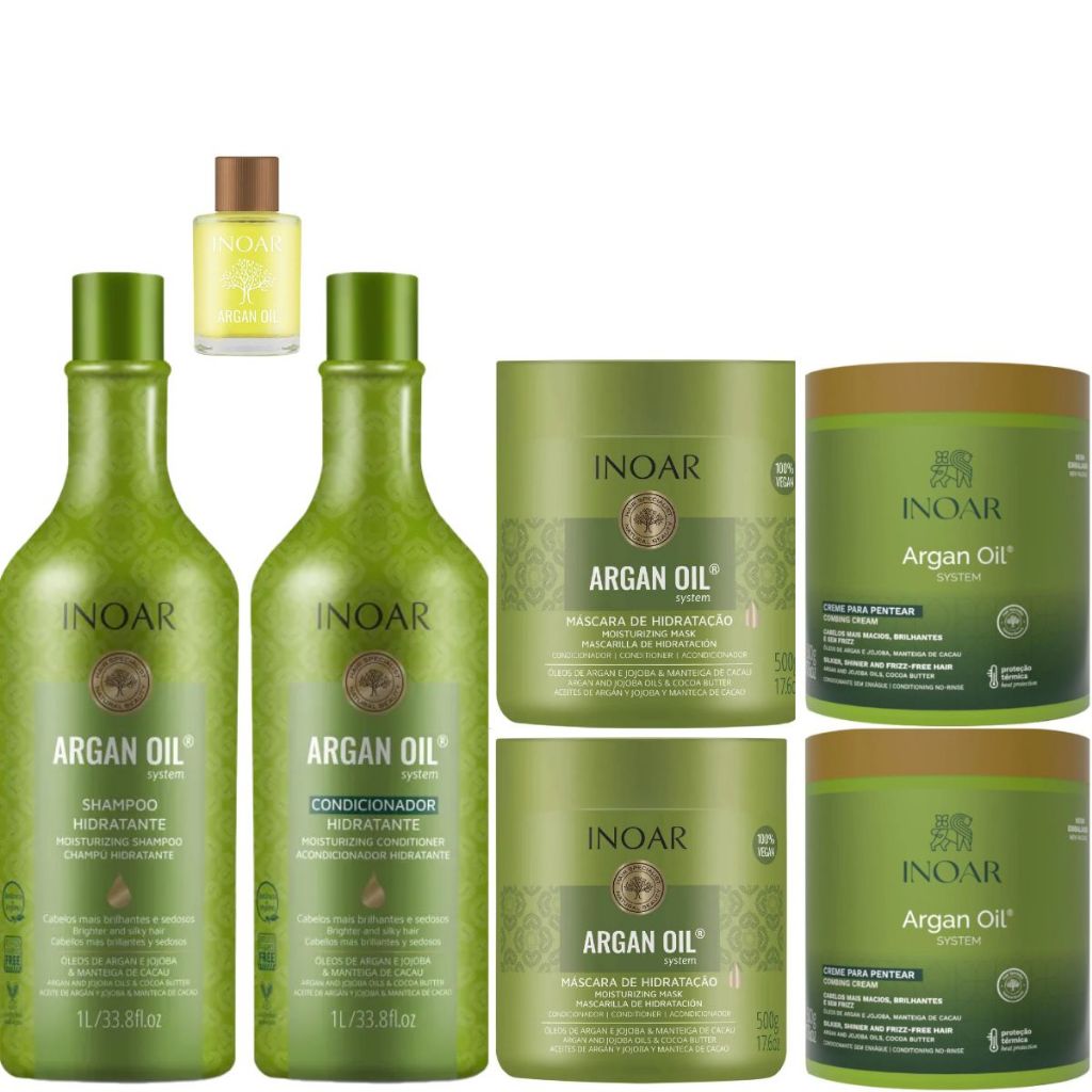 KIT INOAR ARGAN OIL SH+COND 2X1L+2 MÁSCARA 500G+CREME PARA PENTEAR 500G ...