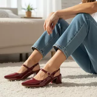 Sapato Slingback Feminino Verniz Salto Médio Grosso 5cm Bico Fino com Tira e Fivela – Cores Basicas