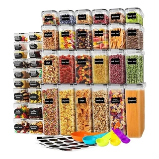 Kit 42 Potes Herméticos Empilháveis Quadrado Resistente Plástico Cozinha Dispensa Alimentos e Bebida