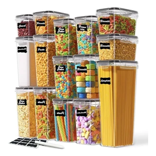 Kit 21 Potes Herméticos Empilháveis Quadrado Resistente Plástico Cozinha Dispensa Alimentos e Bebida