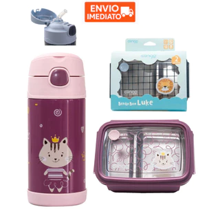 Kit Garrafa Termica Canudo e Bento Box Lancheira Pote Termico Marmita Infantil Menino Menina Inox