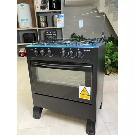 Fogão De Piso com Forno Automático Braslar 5 Bocas New Sirius Plus Preto Mesa Inox