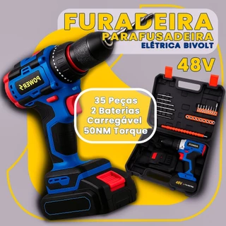 Parafusadeira Elétrica 48V Bivolt Kit 35 Peças 2 Baterias Maleta Profissional Furadeira Portátil
