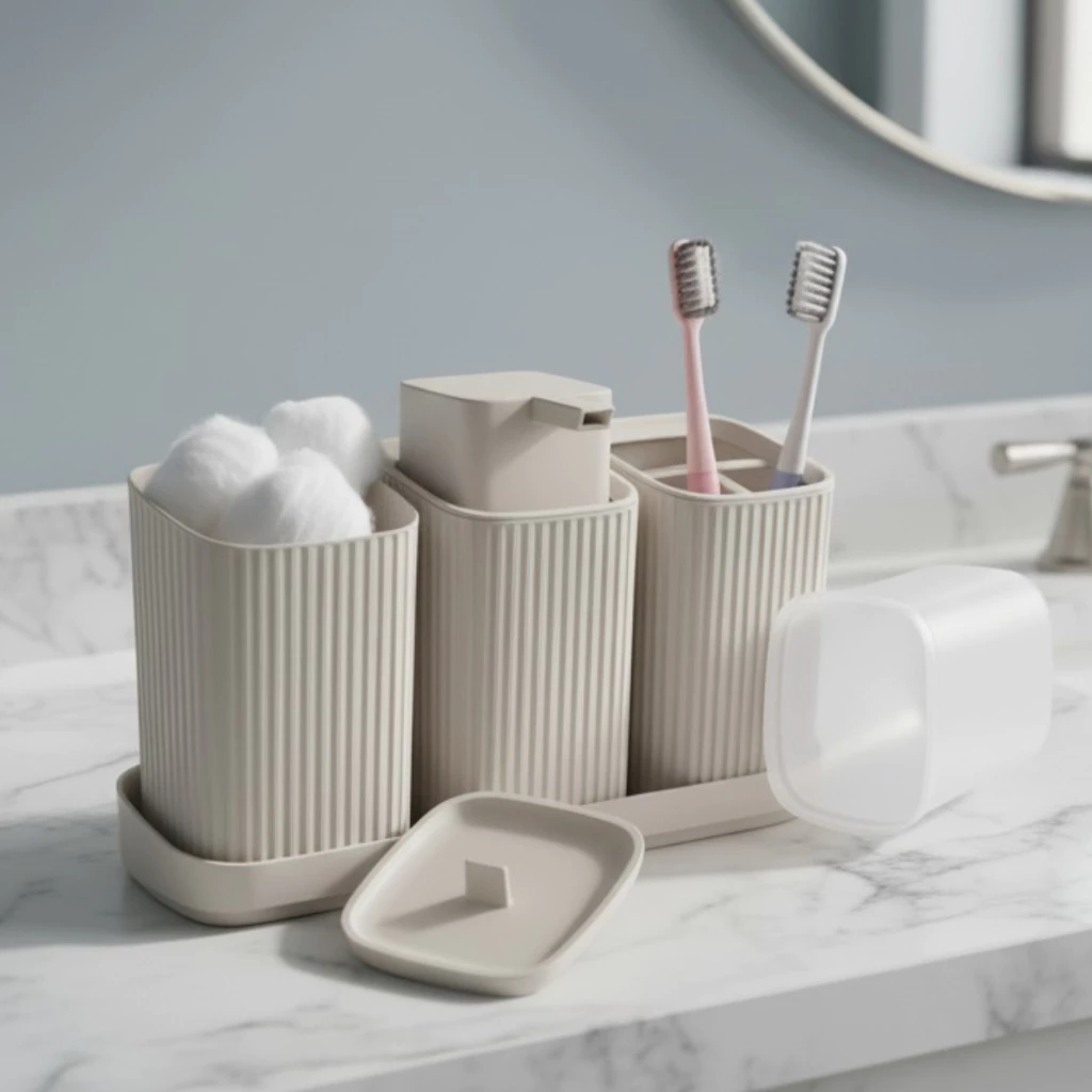 Kit 3 Acessórios Banheiro com Bandeja Dispenser Sabonete Líquido e Porta Escovas Algodão