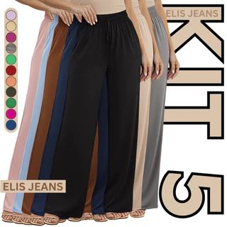 Kit 5 Calça Feminina Wide Leg Cintura Alta Pantalona Alfaiataria em Oferta na Shopee