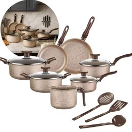 Jogo De Panelas 10 Peças Antiaderente Conjunto Caçarola Frigideira Fervedor Cor Coffee Cappuccino Kit Talheres