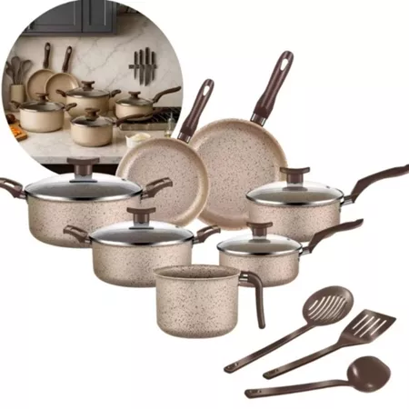 Jogo De Panelas 10 Peças Antiaderente Conjunto Caçarola Frigideira Fervedor Cor Coffee Cappuccino Kit Talheres
