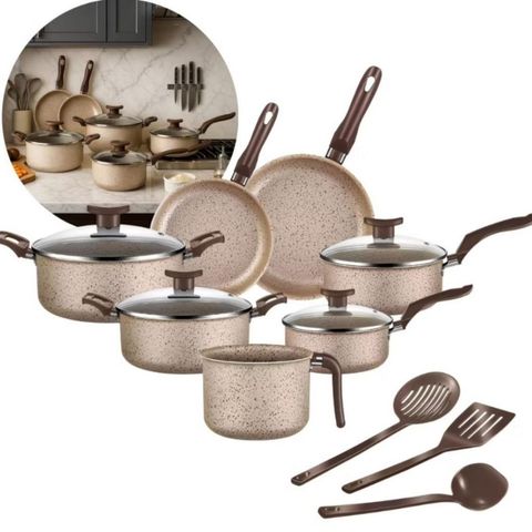 Jogo De Panelas 10 Peças Antiaderente Conjunto Caçarola Frigideira Fervedor Cor Coffee Cappuccino Kit Talheres — foto 1 — Achou Levou Brasil