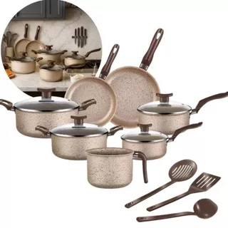 Jogo De Panelas 10 Peças Antiaderente Conjunto Caçarola Frigideira Fervedor Cor Coffee Cappuccino Kit Talheres em Oferta na Shopee