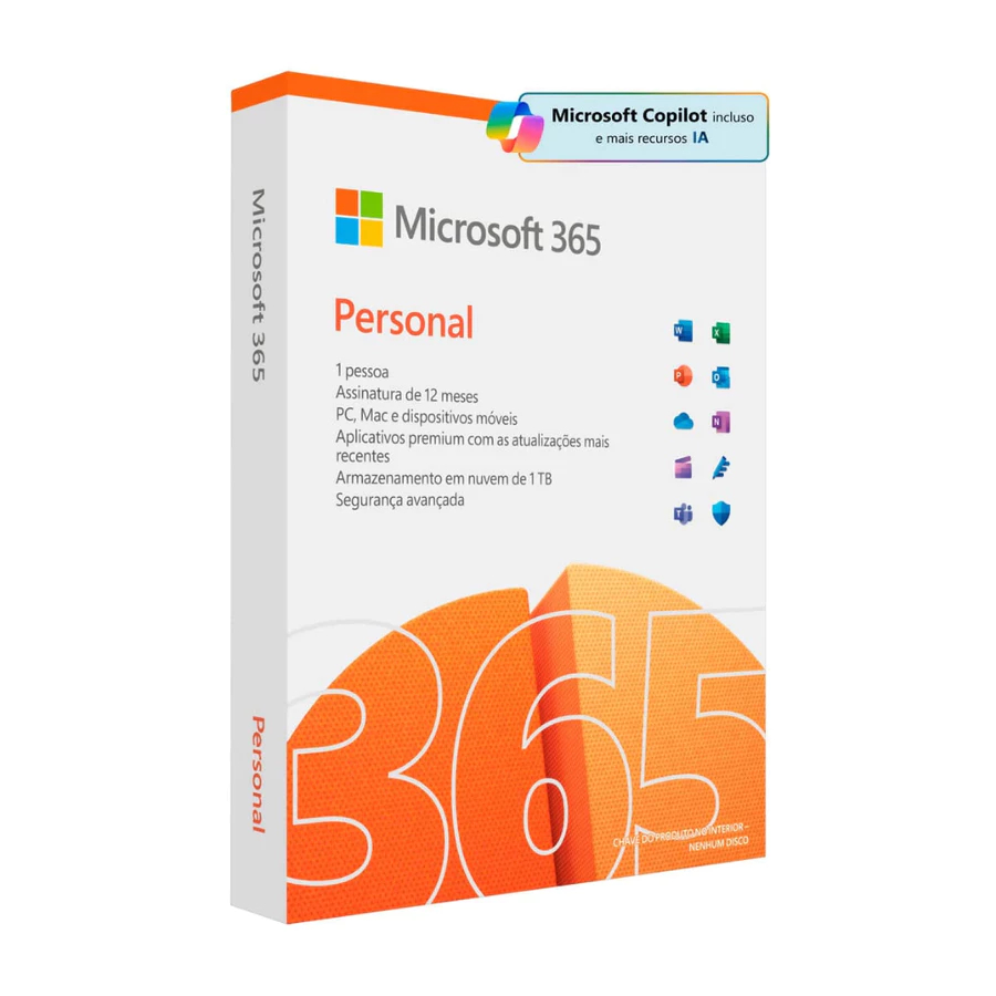 Microsoft Office 365 Personal Mídia Física Licença 12 Meses Com Copilot + 1TB OneDrive 1 Usuário Assinatura Anual Físico