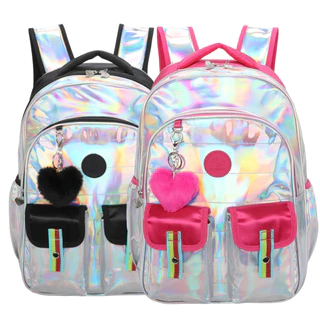 Mochila Escolar Para Menina De Costas Holográfica Furta Cor Com Bolso Preto E Rosa SweetGirl Dream