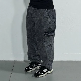 Calça Cargo Masculina Jeans Preto Estonado Retrô Cós Elástico