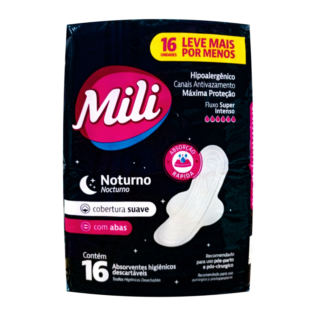 ABSORVENTE NOTURNO COBERTURA SUAVE COM ABAS MILI C/16 | Shopee Brasil