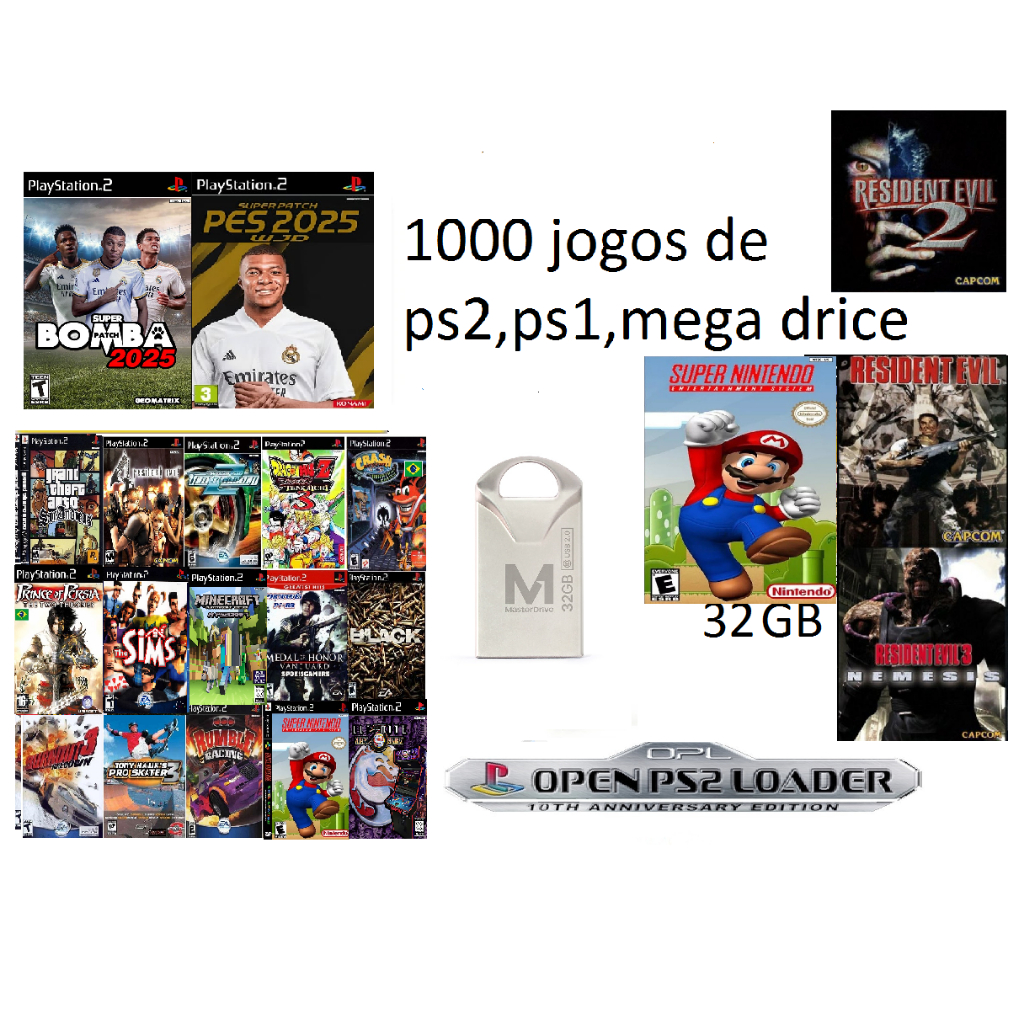 Pen Drive 32gb com 1000 Jogos Playstation 2 e Emuladores para Opl Ps2 ...