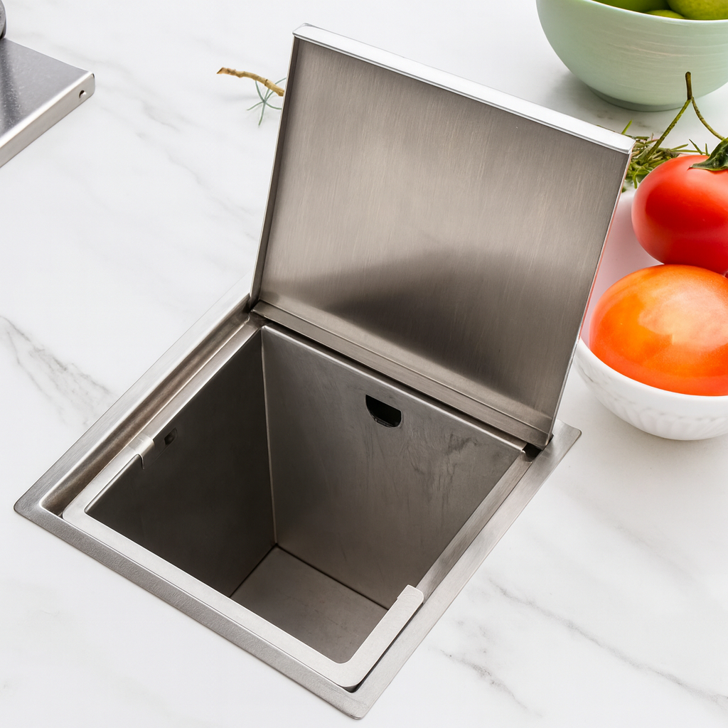 Lixeira de Embutir Aço Inox 304 Escovado Tampa Articulada Pia Bancada ...