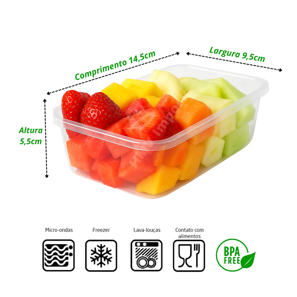Pote plástico transparente preenchido com frutas picadas exibindo dimensões de 14,5cm por 9,5cm e selos de segurança para micro-ondas e freezer.