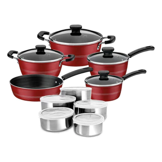 Jogo de Panelas Tramontina 5 Peças Sicília Vermelho e conjunto de tigelas inox 5 pçs em Oferta na Shopee