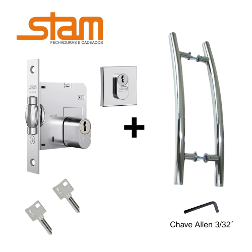 Kit Puxador Belíssima Aço Inox Ø25mm + Fechadura Trinco Rolete Stam 1005