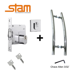 Kit Puxador Belíssima Aço Inox Ø25mm + Fechadura Trinco Rolete Stam 1005