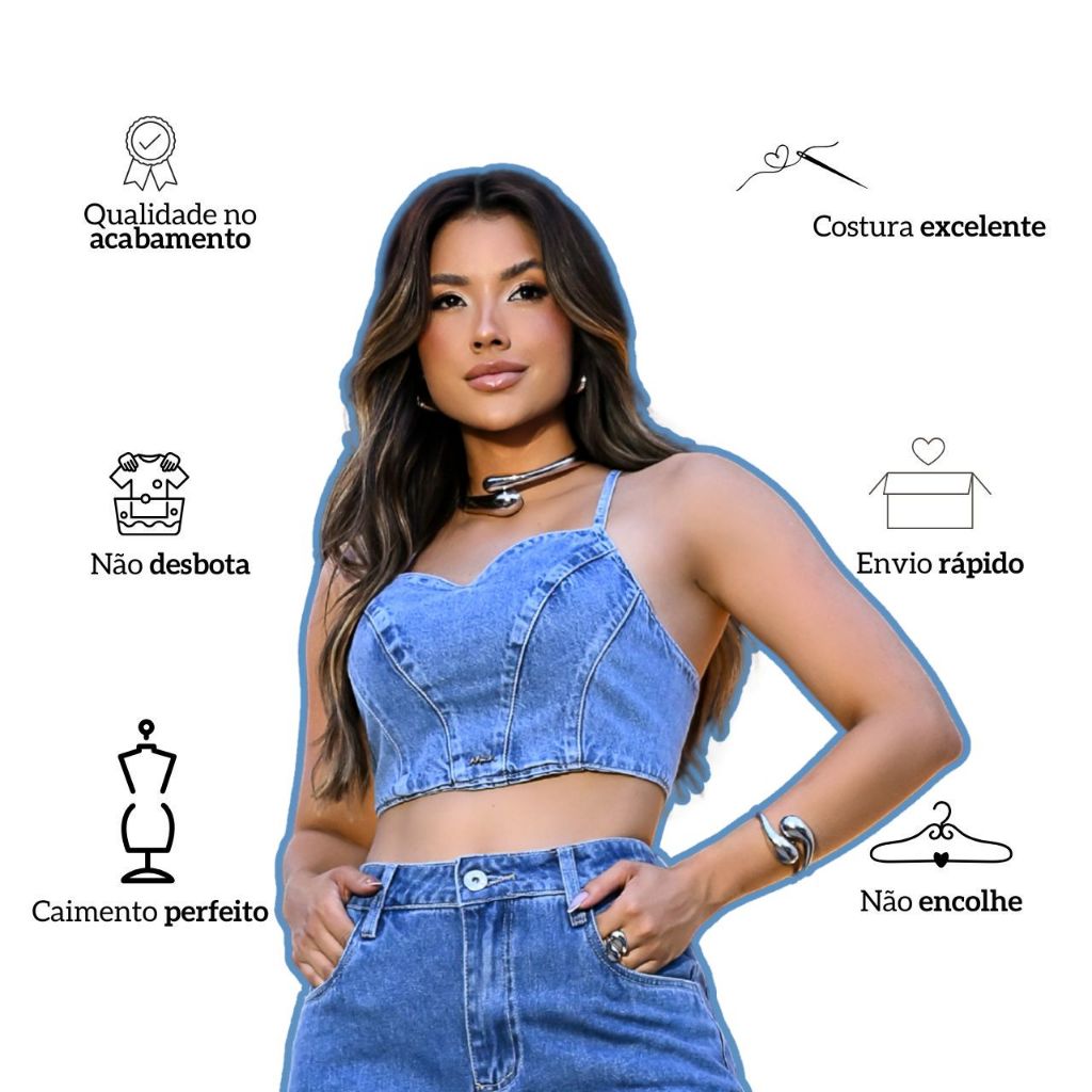 Cropped Top Jeans Premium Marmorizado Sem Bojo Trançado Costas