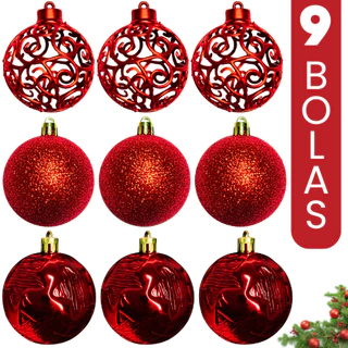 Kit 9 Bolinhas Natal 6cm Luxo Decorar Árvore Enfeite Natalino Vermelho Dourado Glitter Fosca Lisa Decoração