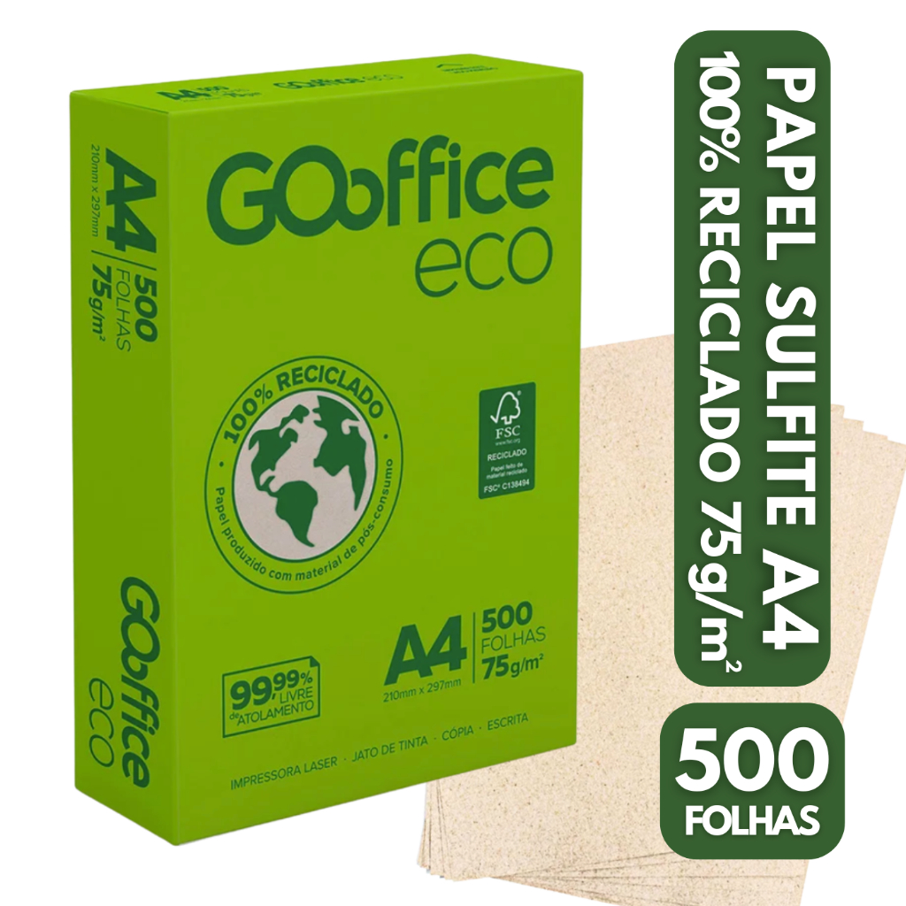 Papel Sulfite A4 Reciclado Eco 75g/m² 500 Folhas Sustentável Impressão ...